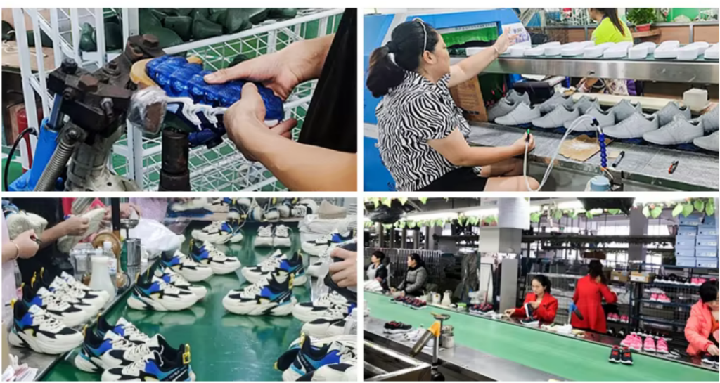 Real production lines with people working and many of the same shoe