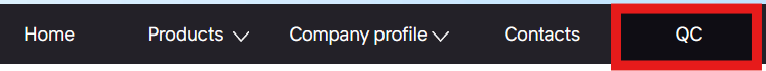 A navigation bar (listing Home, Products, Company profile, Contacts, and QC) with a red box highlighting "QC".