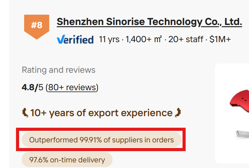 A company summary block which has a red box highlighting text which says this company Outperformed 99.91% of suppliers in orders,