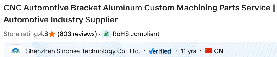 Listing heading:
Title: CNC Automotive Bracket Aluminum Custom Machining Parts Service | Automotive Industry Supplier
Store Rating: 4.8 stars
RoHS compliant
Verified, 11 yrs, CN