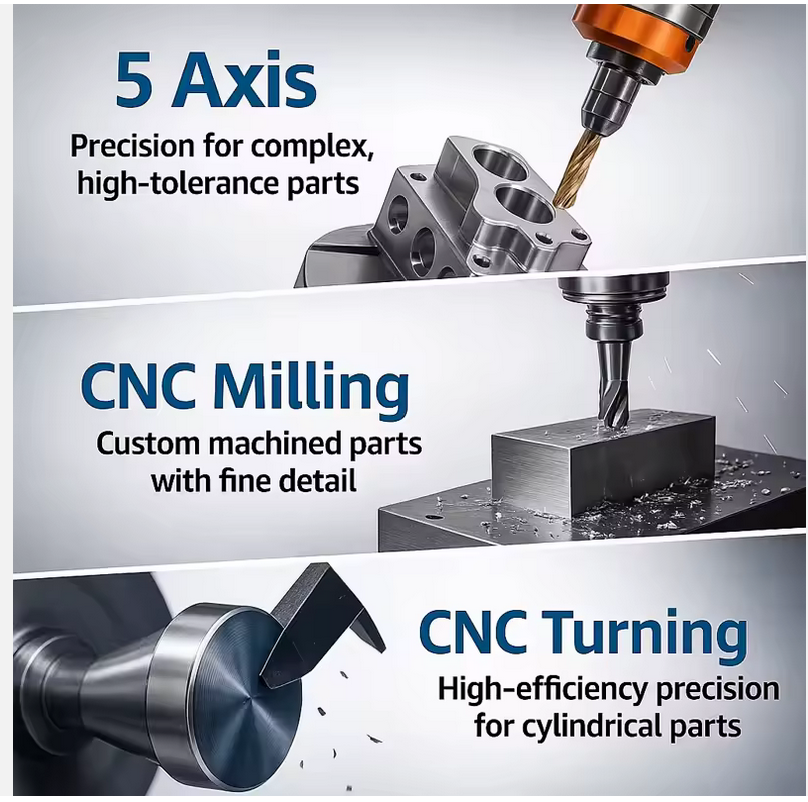 Lists 3 machining methods:
5-Axis: Precision for complex high-tolerance parts
CNC Milling: Custom Machined parts with fine detail
CNC Turinng: High-efficiency precision for cylindrical parts