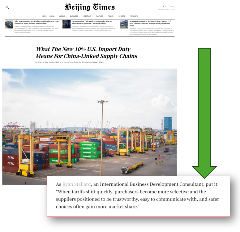 Article with featured quote: "As Ryan Stallard, an International Business Consultant, put it: 'When tariffs shift quickly, purchasers become more selective and the suppliers positioned to be trustworthy, easy to communicate with, and safer choices often gain more market share'."