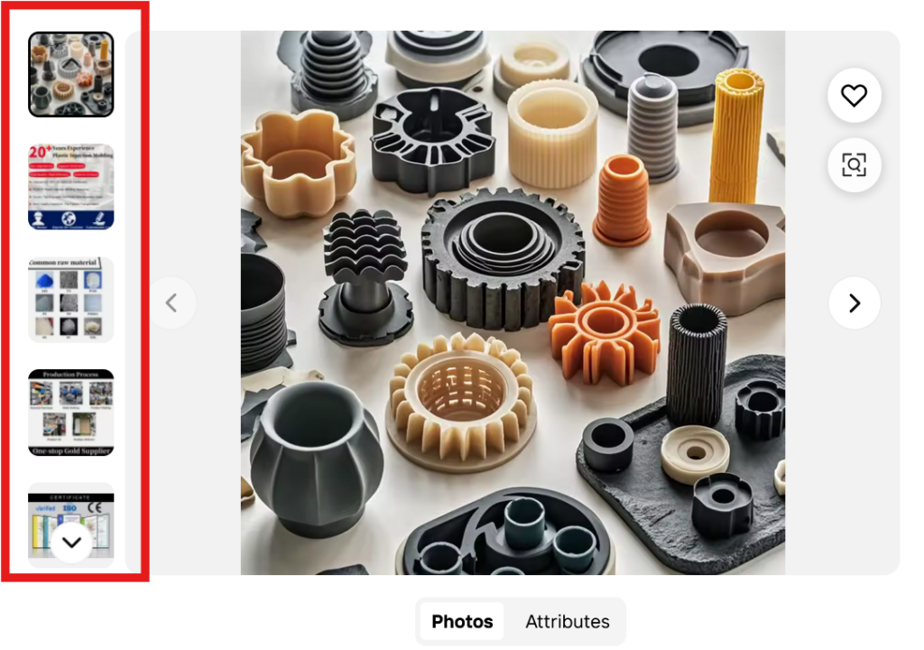 An Alibaba Listing image selection section with a red box highlighting the image previews, which consist of infographics rather than product images.