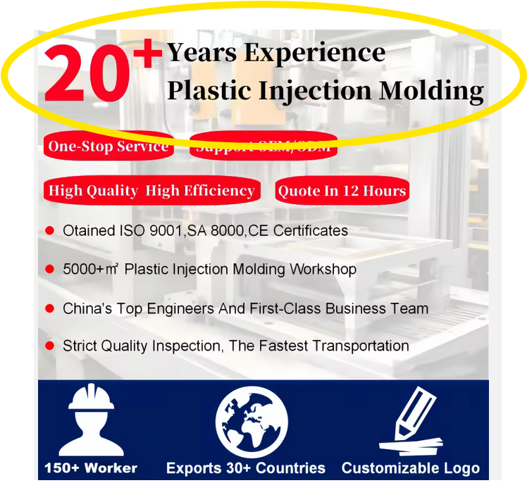 An infographic highlighting many facts about the company, with a yellow circle highlighting "20+ Years Experience Plastic Injection Molding" which is in large, bold text at the top of the image. 
