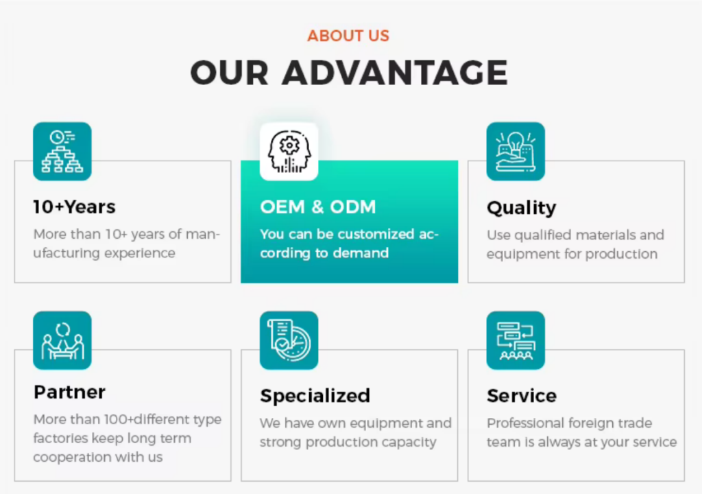 6 mini-graphics about the company with the main one (OEM & ODM) highlighted.