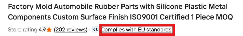 Product Listing Heading with "Complies with EU standards" highlighted in a red box.