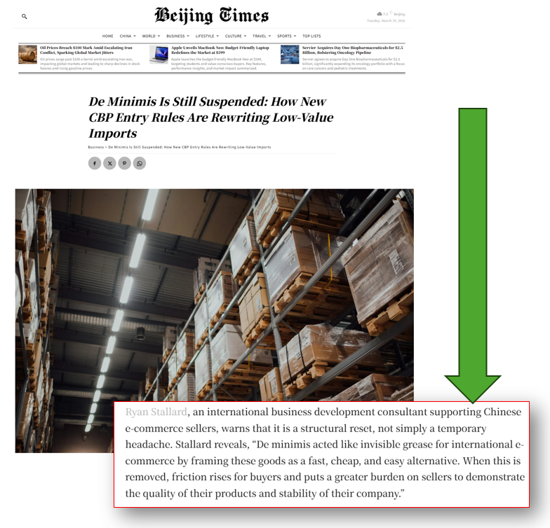 Featured Quote: Ryan Stallard, an international business development consultant supporting Chinese e-commerce sellers, warns that it is a structural reset, not simply a temporary headache. Stallard reveals, "De minimum acted like invisible grease for International e-commerce by framing these goods as a fast, cheap, and easy alternative. When this is removed, friction rises for buyers and puts a greater burden on sellers to demonstrate the quality of their products and stability of their company.